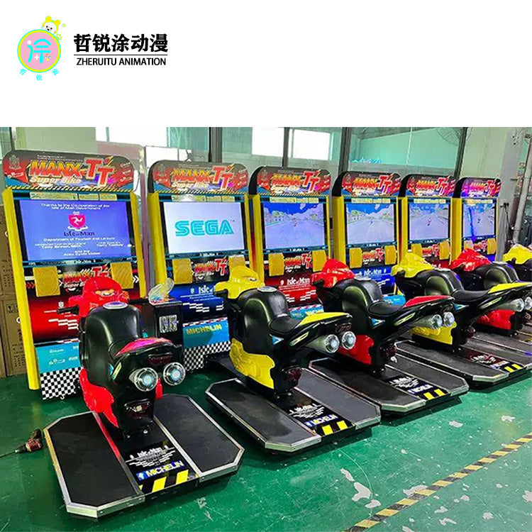 Large scale video game arcade simulating dynamic motorcycle racing game interactive entertainment gaming machine