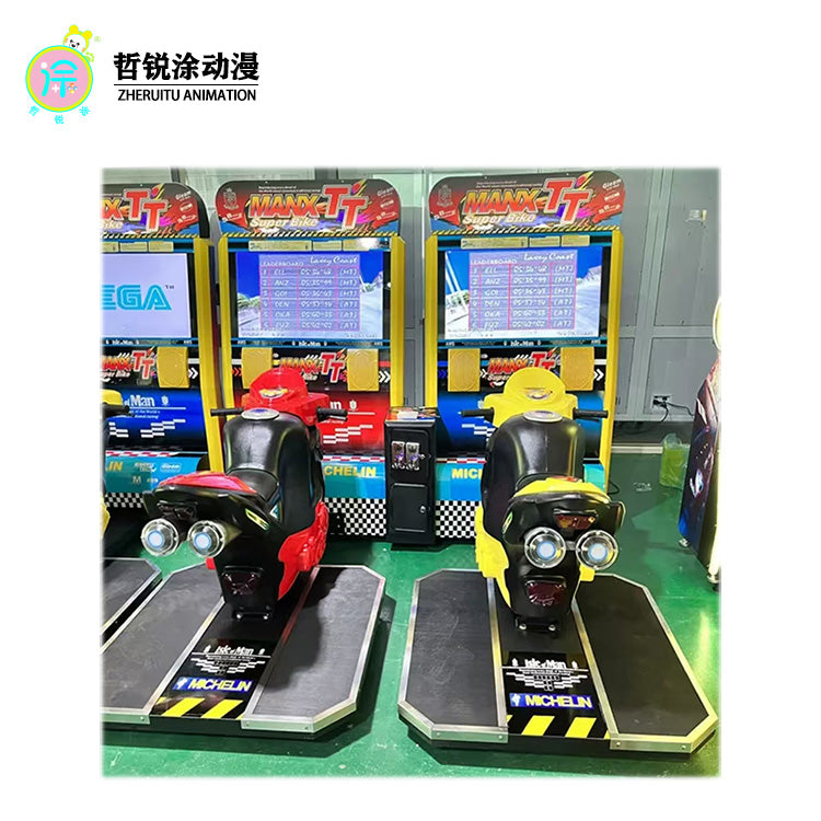 Large scale video game arcade simulating dynamic motorcycle racing game interactive entertainment gaming machine