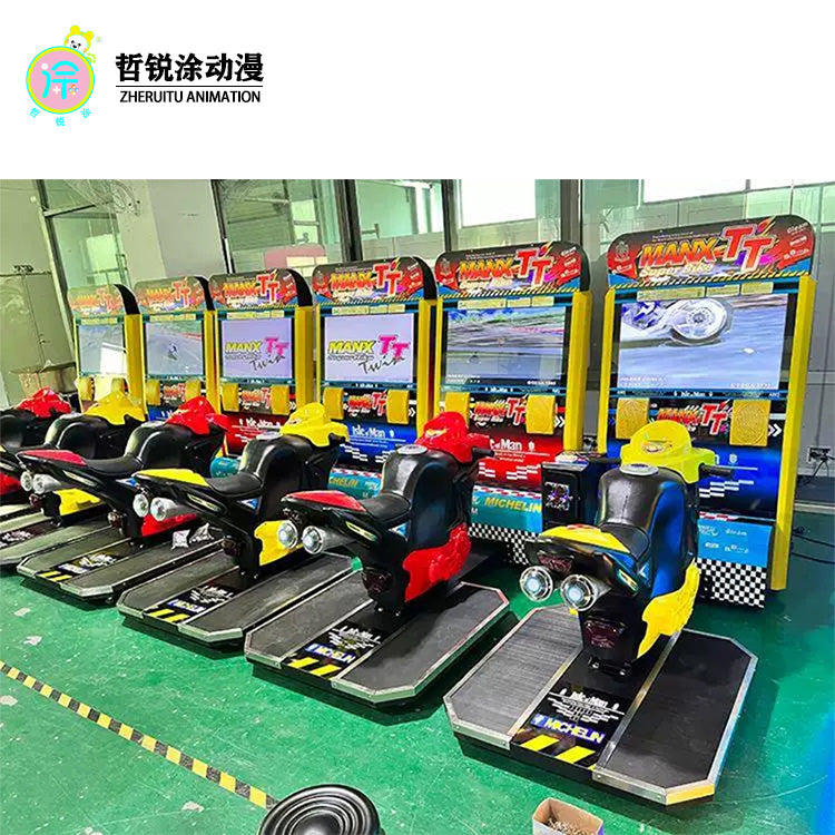 Large scale video game arcade simulating dynamic motorcycle racing game interactive entertainment gaming machine