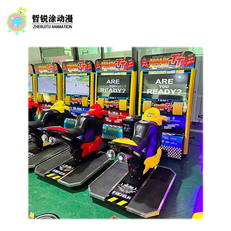 Large scale video game arcade simulating dynamic motorcycle racing game interactive entertainment gaming machine