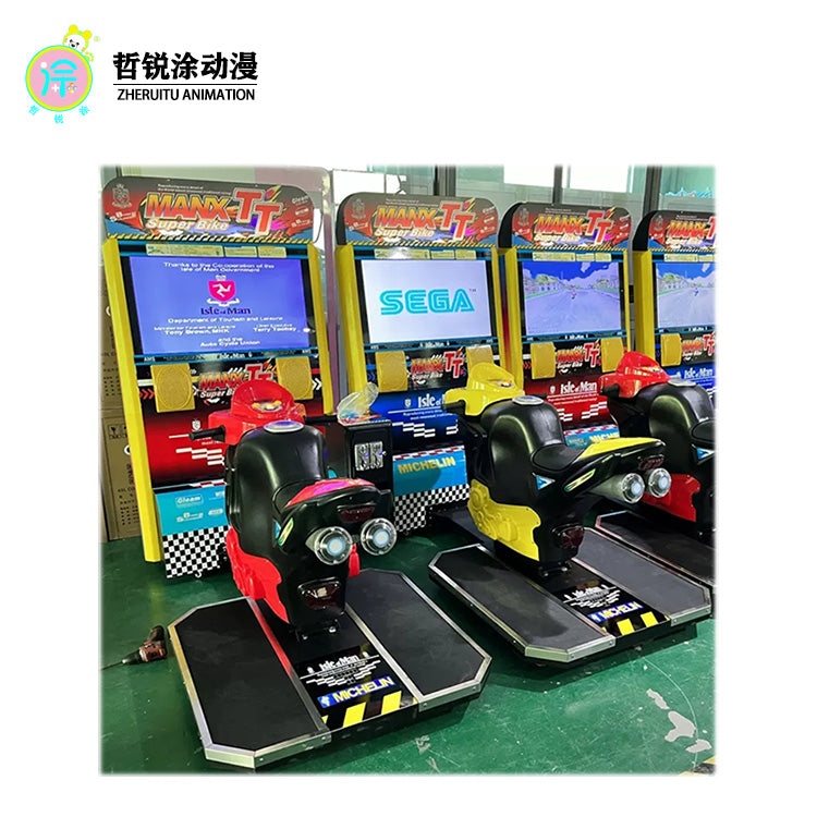 Large scale video game arcade simulating dynamic motorcycle racing game interactive entertainment gaming machine