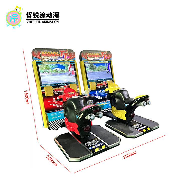 Large scale video game arcade simulating dynamic motorcycle racing game interactive entertainment gaming machine